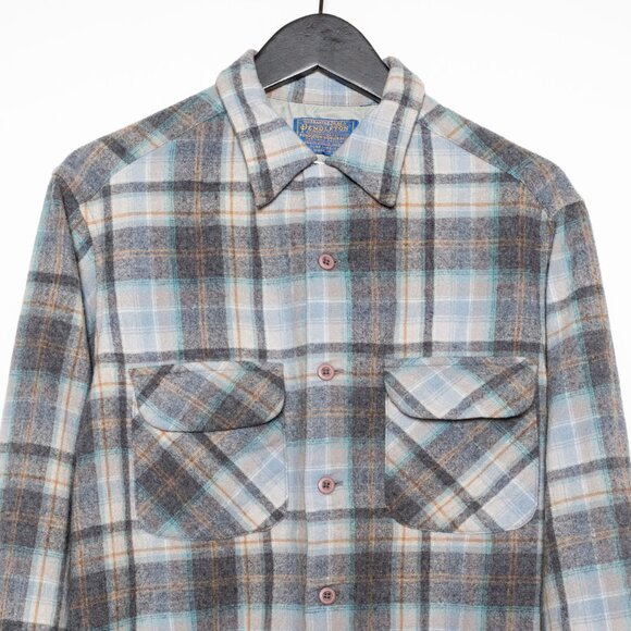 SOLD - Pendleton Vintage Wool Board Shirt - Blue Gray Tan - Size S/M - Picture 5 of 11